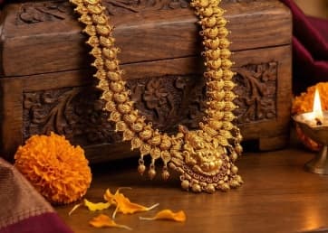 Gold temple necklace on a carved wooden box
