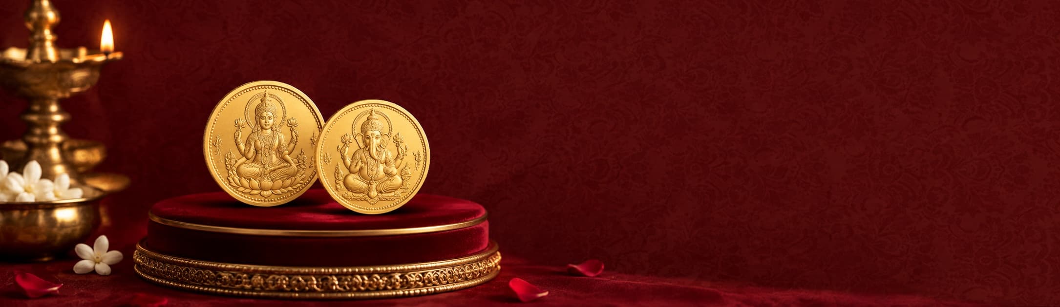 Lakshmi and Ganesha gold coins on a velvet pedestal beside a brass lamp