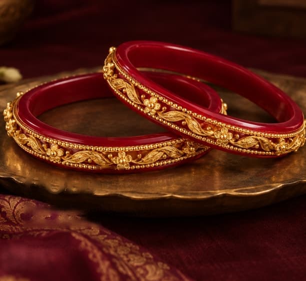 Red and gold bangles on a brass plate